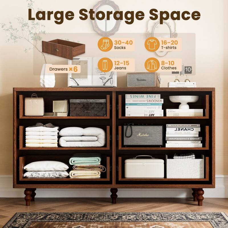 Meyreso Mid-Century Walnut Fluted Dresser with 6 or 8 Drawers