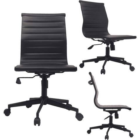 Swivel Adjustable Height PU Leather Office Chair Mid-Back Armless No Arms Side Ribbed Executive Ergonomic Task
