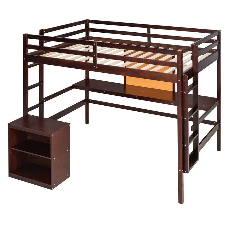 Twin/Full Size Wooden Loft Bed with Built-in Desk, Writing Board, and 2 Drawers, Space-Saving Loft Bed for Kids