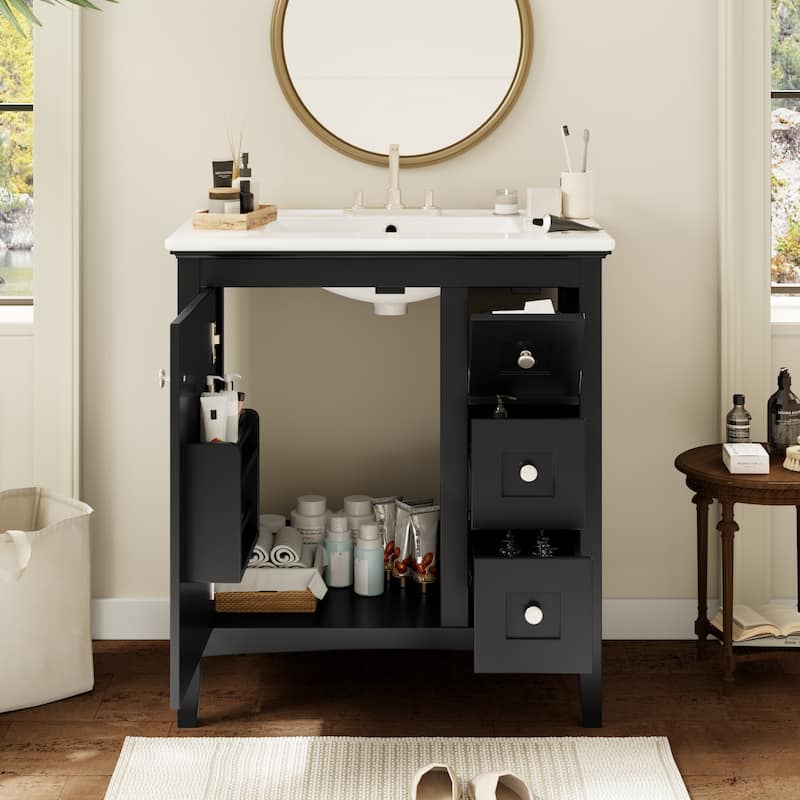 GDFStudio - Rivington Modern Bathroom Vanity with Ceramic Sink and 3 Storage Drawers - 30'W