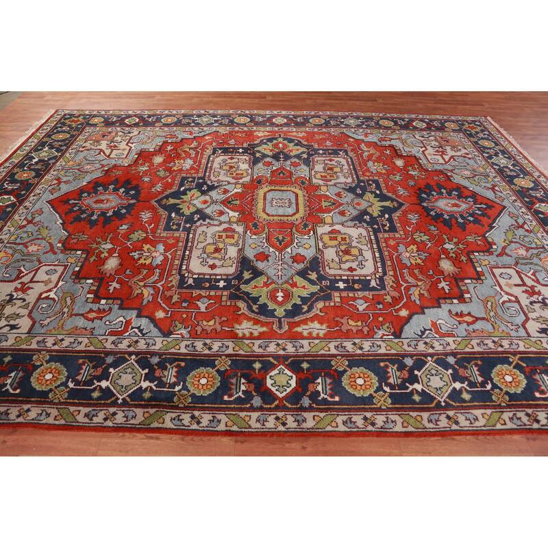 Hand Knotted Oriental 100% Wool Carpet Traditional Medallion Oranges & Rust Heriz (serapi) Area Rug - 12' 2'' X 8' 11''