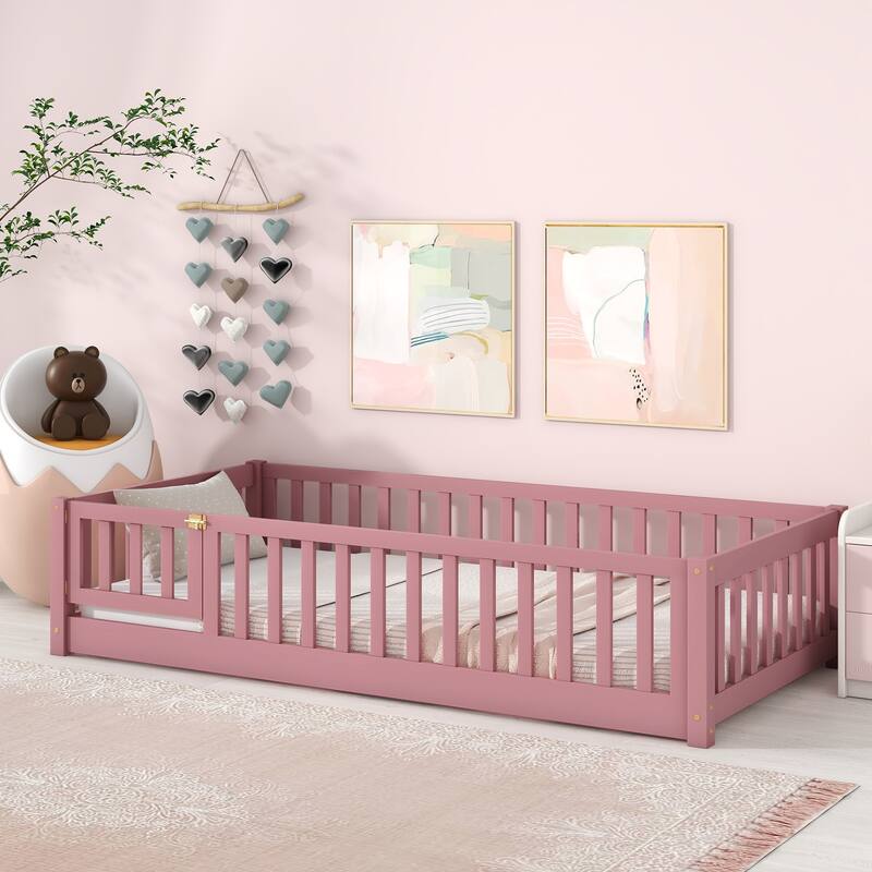 Twin size Floor Platform Bed with Fence and Door