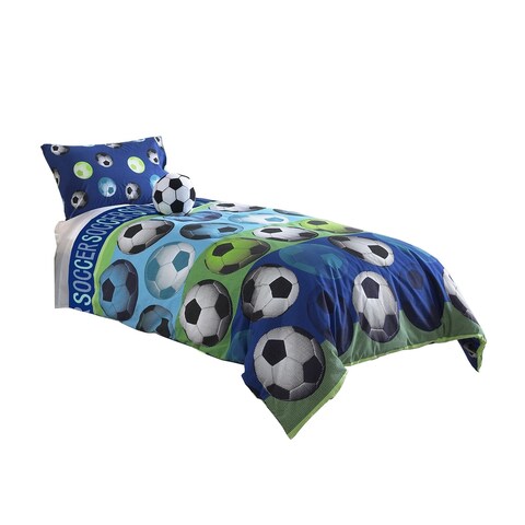 4 Piece Full Size Comforter Set with Soccer Theme, Multicolor