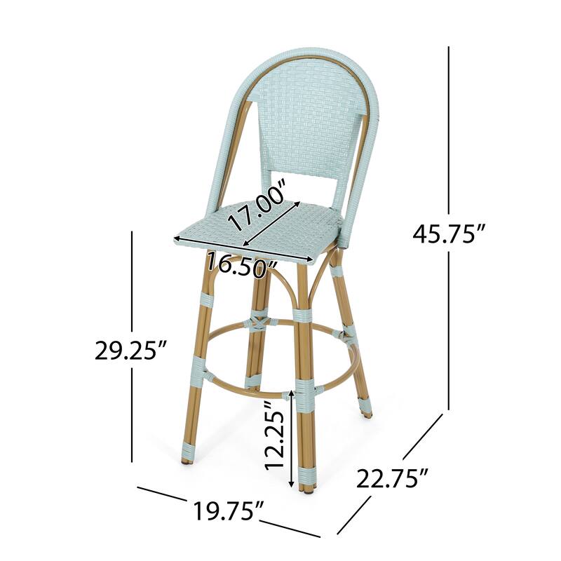 Roomfitters French Bistro Bar Stool Set of 2, 29.5'' Outdoor PE Rattan and Aluminum Counter Chairs with Footrest, Teal Blue