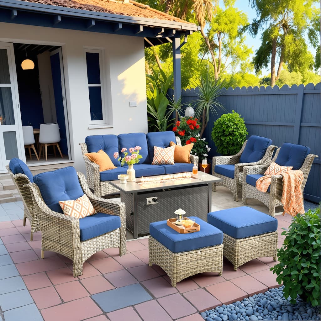 HOOOWOOO 8-piece Patio Wicker Chat Set Outdoor Conversation Sofa Set with Fire Pit