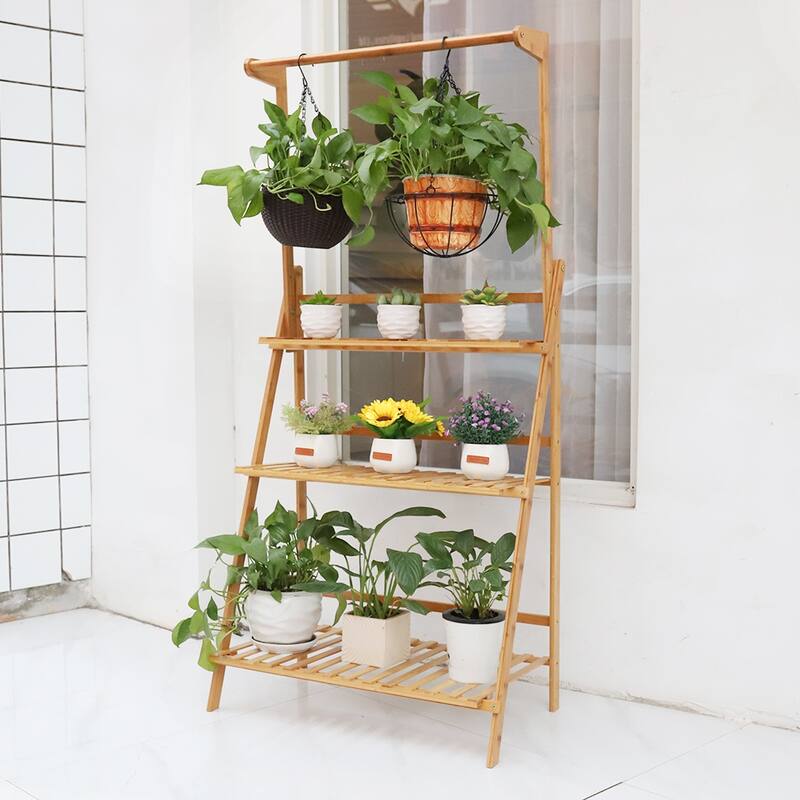3 Tier Bamboo Hanging Plant Stand Ladder Flower Rack Hanging Baskets