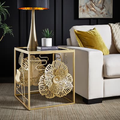 Pomonok Gold Finish Peony and Ginkgo End Table with Mirror Top by iNSPIRE Q Bold