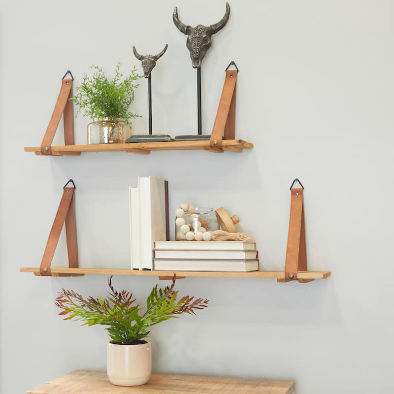 Wood 2 Shelves Wall Shelf with Faux Leather Straps - Set of 2 Brown - CosmoLiving by Cosmopolitan - 6"W x 24"L x 9"H