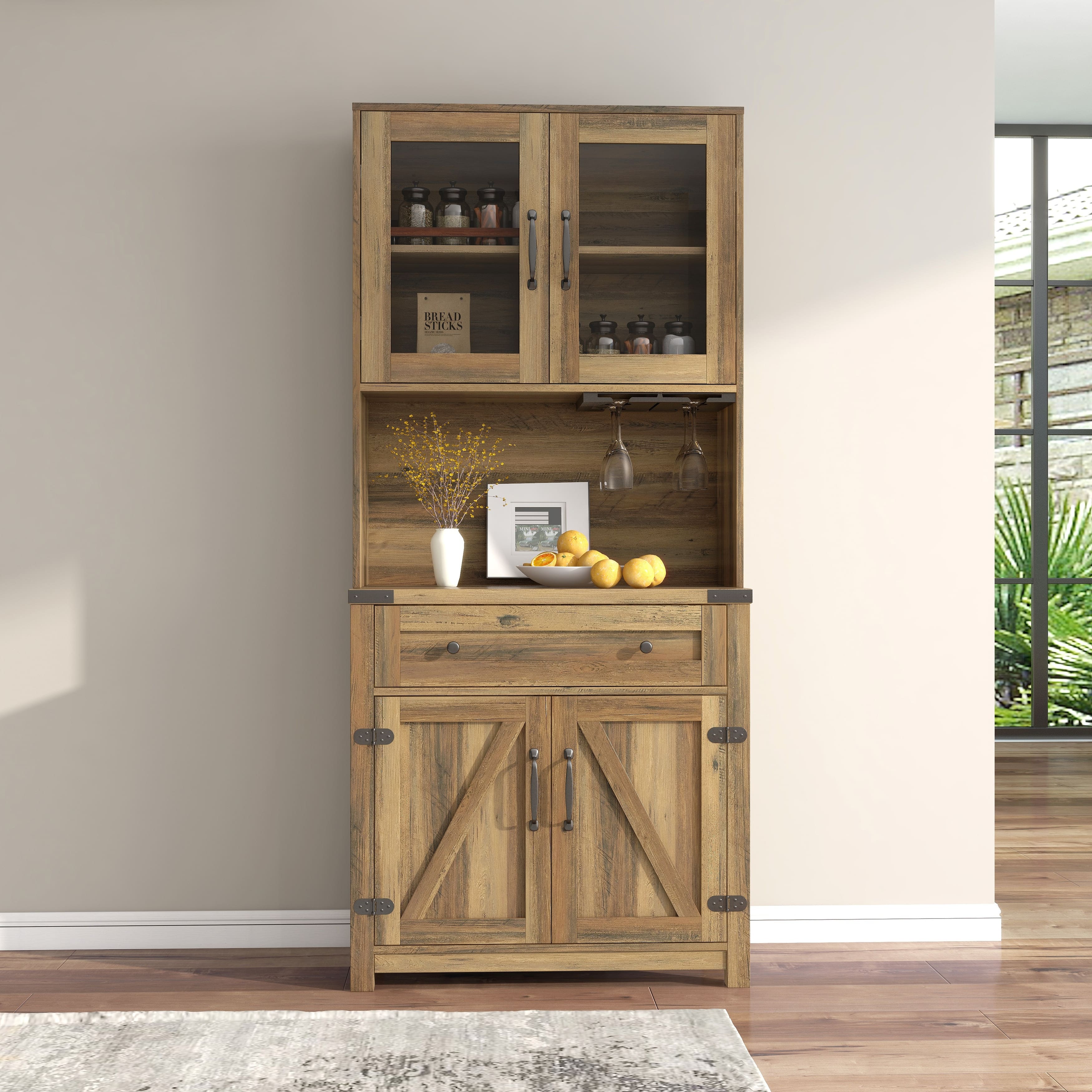 Modern Farmhouse Style Double Barn Doors Accent Bar Cabinet with Goblet ...