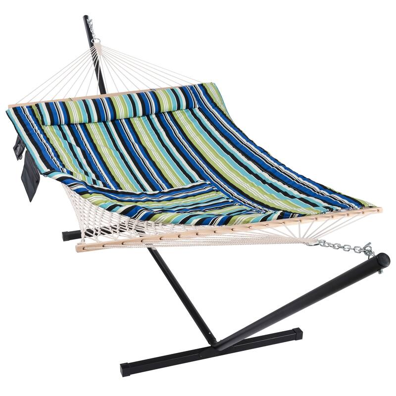 Hammock Double Hammock with Stand, Two Person Cotton Rope Hammock - 147.6(L)*52(W)*47.6(H) - Green&Blue