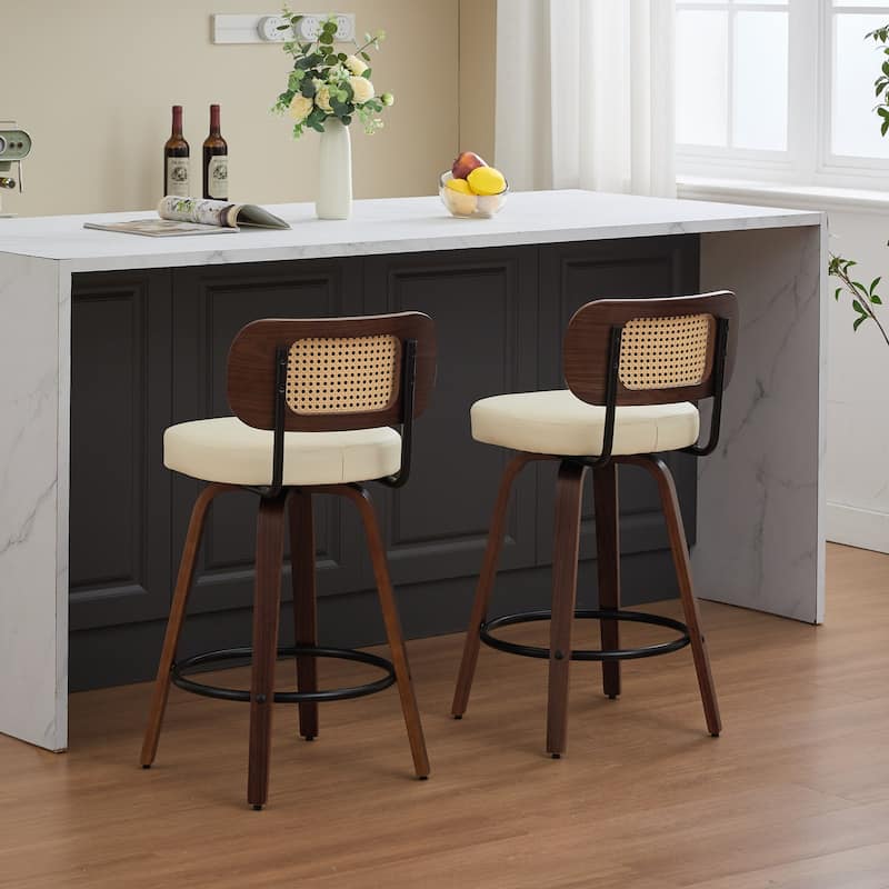 360° Swivel Upholstered Bar Stools Set of 2, 26"H Rattan Counter Height Stools with Cane Back & Wood Frame for Kitchen Island