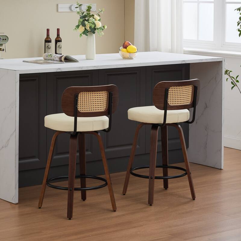 Set of 2 Counter Height Bar Stools - Rattan Counter Height Stools with Cane Back, Upholstered Seat, Swivel Counter Stools