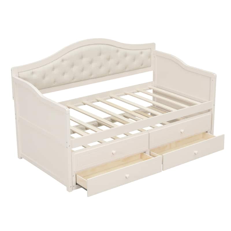 Wooden Frame Day Bed, Twin Size Daybed with Trundle Bed, Upholstered Tufted Button Backrest Sofa Bed with 2 Storage Drawers