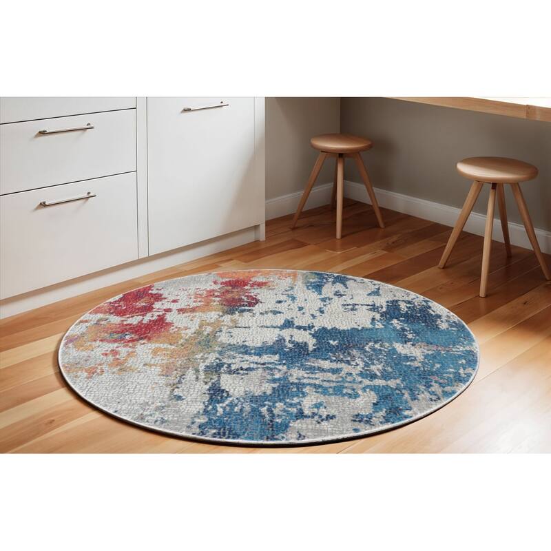 Jipa Power Loomed Distressed Geometric Abstract Modern Non Skid Area Rug By HomeRoots - 72' X '72' X '0.5 - 72' X '72' X '0.5 - Oxford Blue - Round