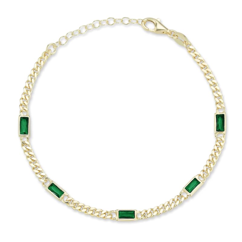 Soleil Sterling Silver Baguette CZ Station Curb Chain Bracelet - Yellow-Green