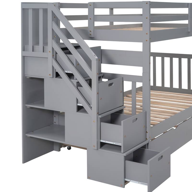 Stairway Twin Over Twin/Full Bunk Bed with Trundle, Drawers and Guardrails, Convertible Bed Frame into 2 Beds for Multi Children