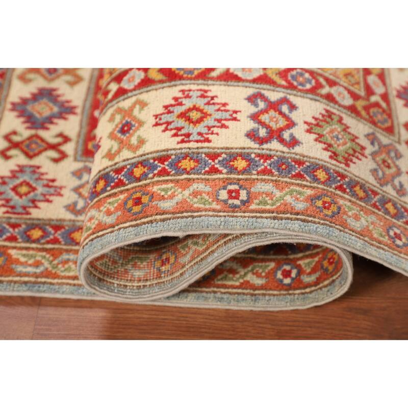 Geometric Kazak Accent Rug Handmade Blue Wool Carpet - 3'5" x 4'10"