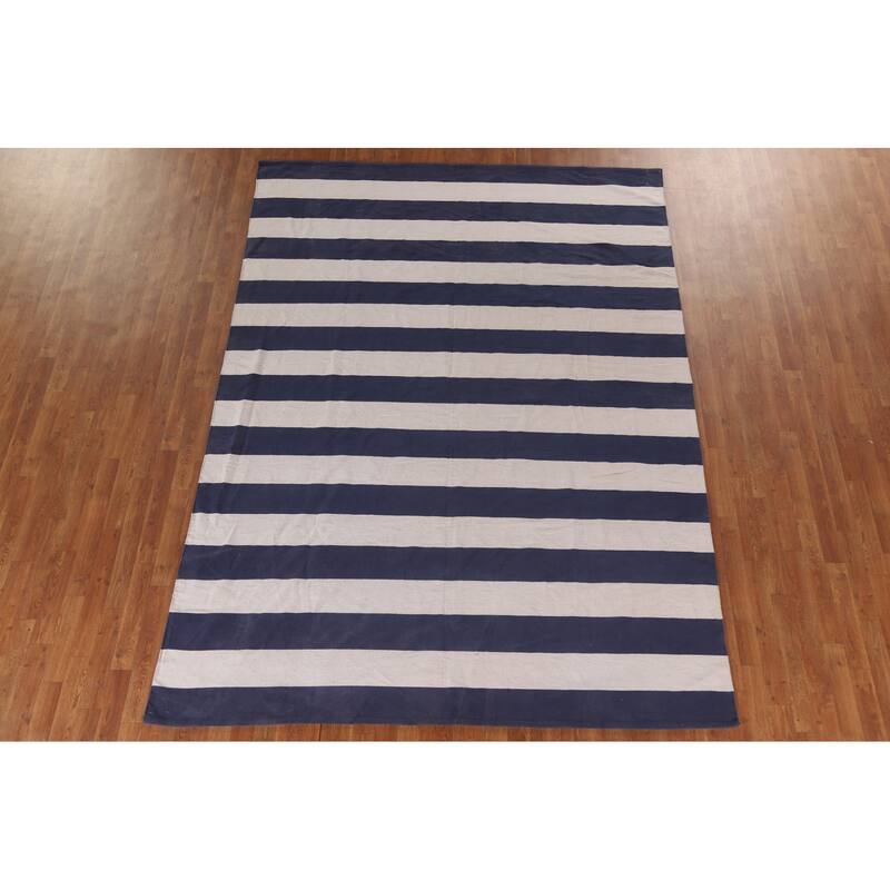 Striped Durrie Kilim Turkish Area Rug Hand-Woven Wool Carpet - 7'3"x 10'3"