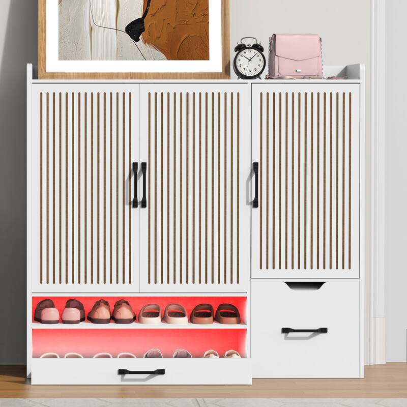 Shoe Cabinet with Adjustable Shelves, Stool & Retractable Toe-Kick Drawer, Freestanding Narrow Shoe Rack Organizer