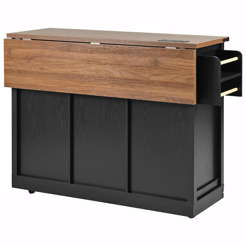 53.5'' Farmhouse Kitchen Island with Power Outlet, Drop Leaf, Spice Rack, Drawer, and Wheels