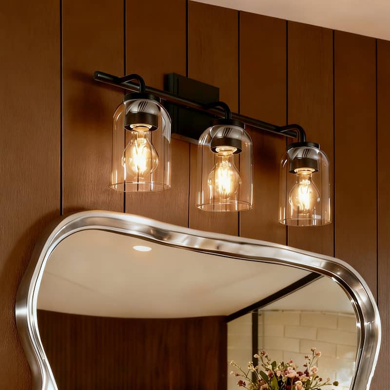 Modern 3-Light Black Gold Linear Bathroom Vanity Light Cylinder Glass Wall Sconces - 3-Light - Matte Black
