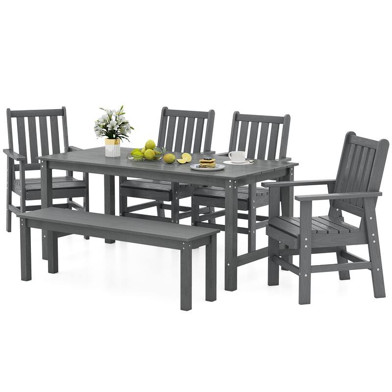 Gymax 6PCS Patio Dining Bench Set Outdoor HDPE Weather Resistant Table