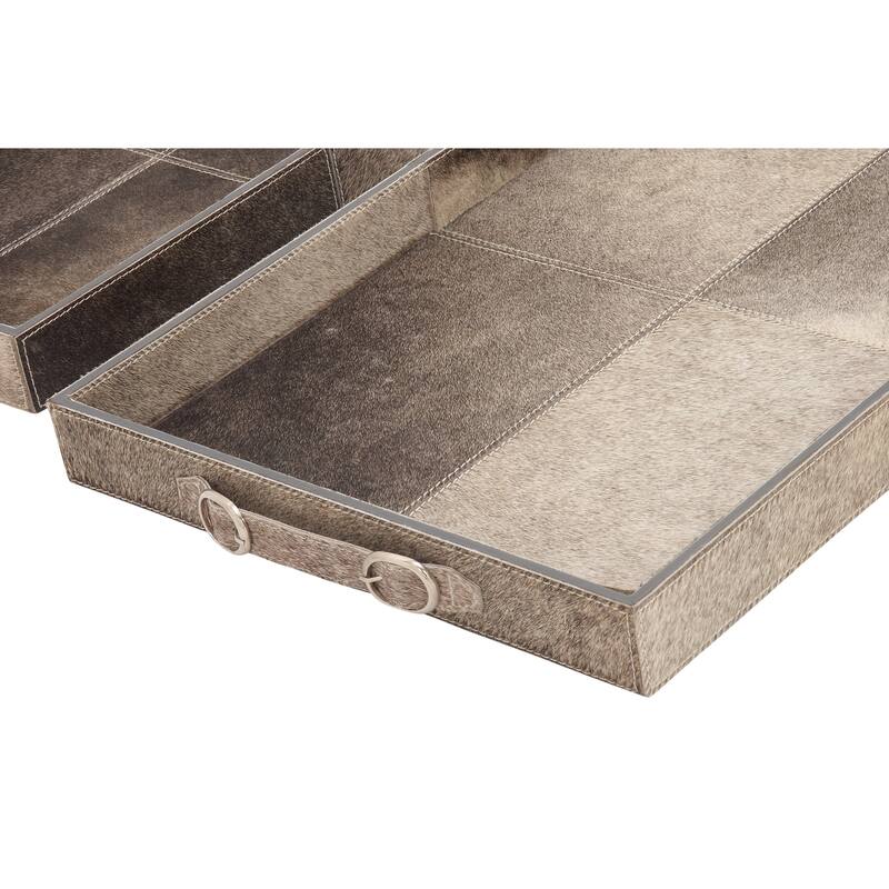Gray Wooden Handmade Cowhide Living Room Decor Tray with Slot Handles (Set of 2) - 24 x 16 x 2