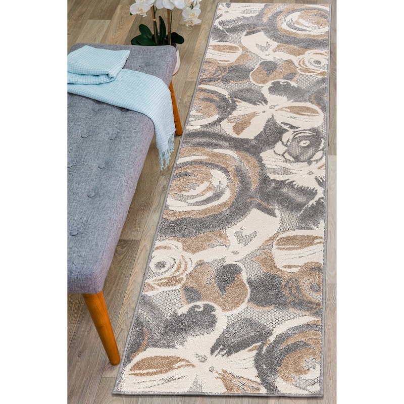 World Rug Gallery Modern Floral Indoor/Outdoor Area Rug - 2' x 7' Runner - Gray