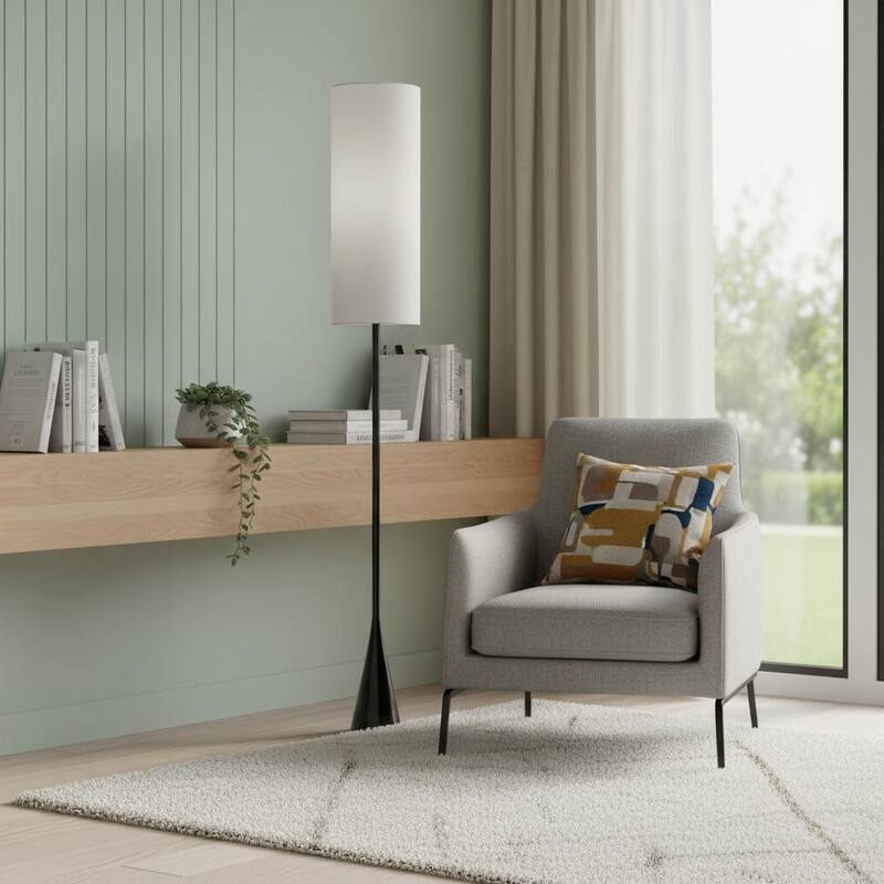 HomeRoots 74" Black Floor Lamp With White Fabric Shade - Black