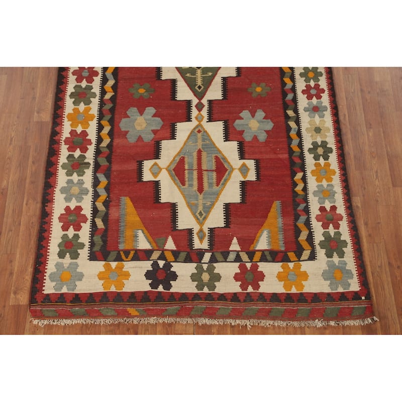 Kilim Qashqai Persian Vintage Rug Hand-Woven Geometric Wool Carpet - 5'0" x 7'6"