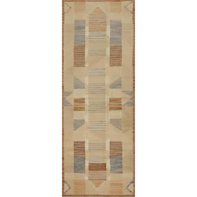 Hand Woven Oriental 100% Wool Carpet Southwestern Tribal Beige & Ivories Kilim Runner Rug - 9' 6'' X 2' 10''