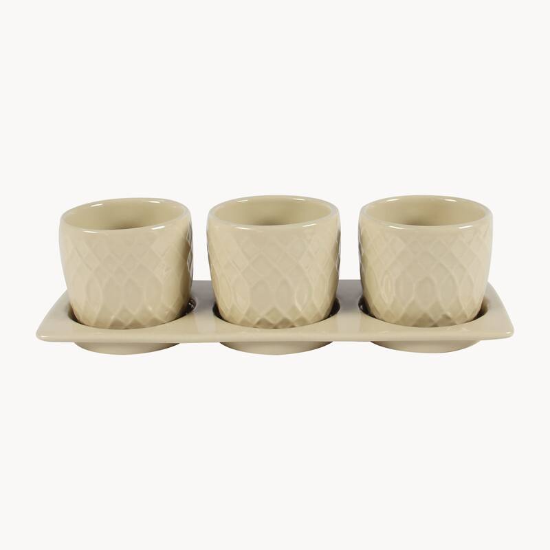 Dahlia Ceramic Planter Set with Disk - cream