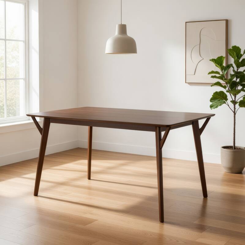 Skie Dining Table, 59 Inch Rectangular Top, Angled Legs, Brown Solid Wood