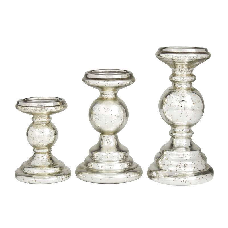 Glass Turned Style Pillar Candle Holder - Set of 3 Silver - Roche River Decor - 5"W x 5"L x 10"H