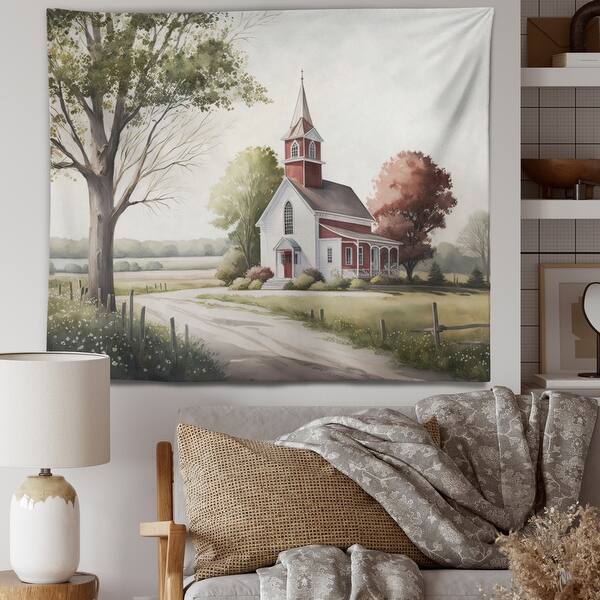slide 2 of 7, Designart 'Church In Country Town VII' Landscape Church Wall Tapestry