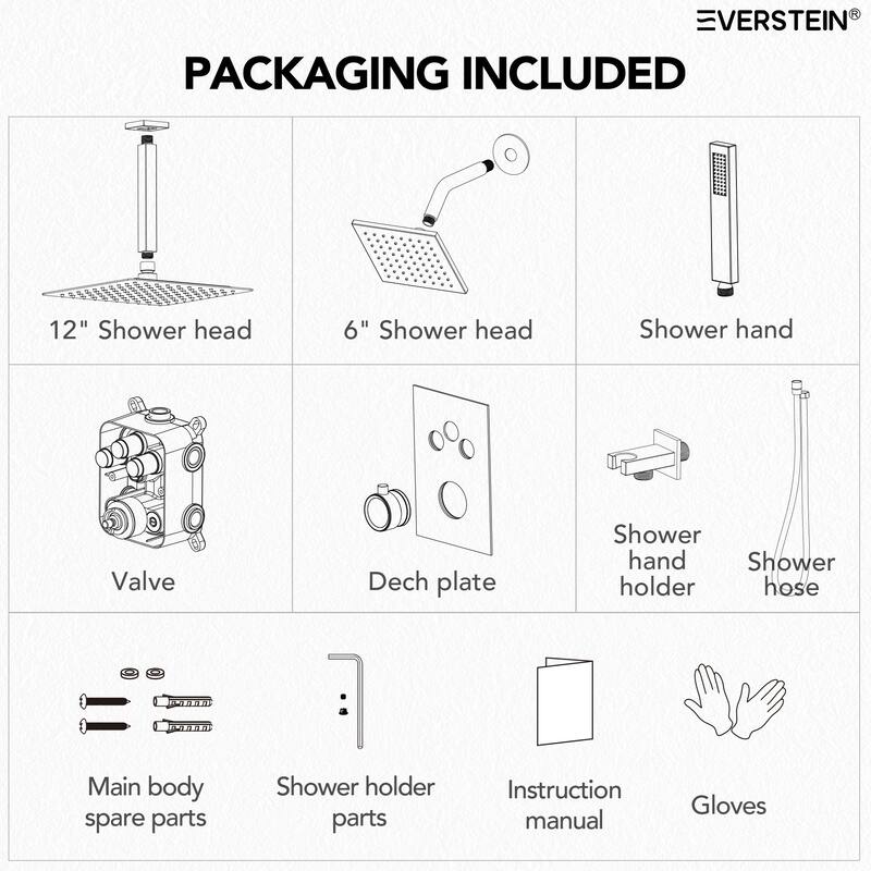 2 Pack Dual Heads 12" Rainfall & High Pressure 6" Shower System with 3 Way Thermostatic Faucet