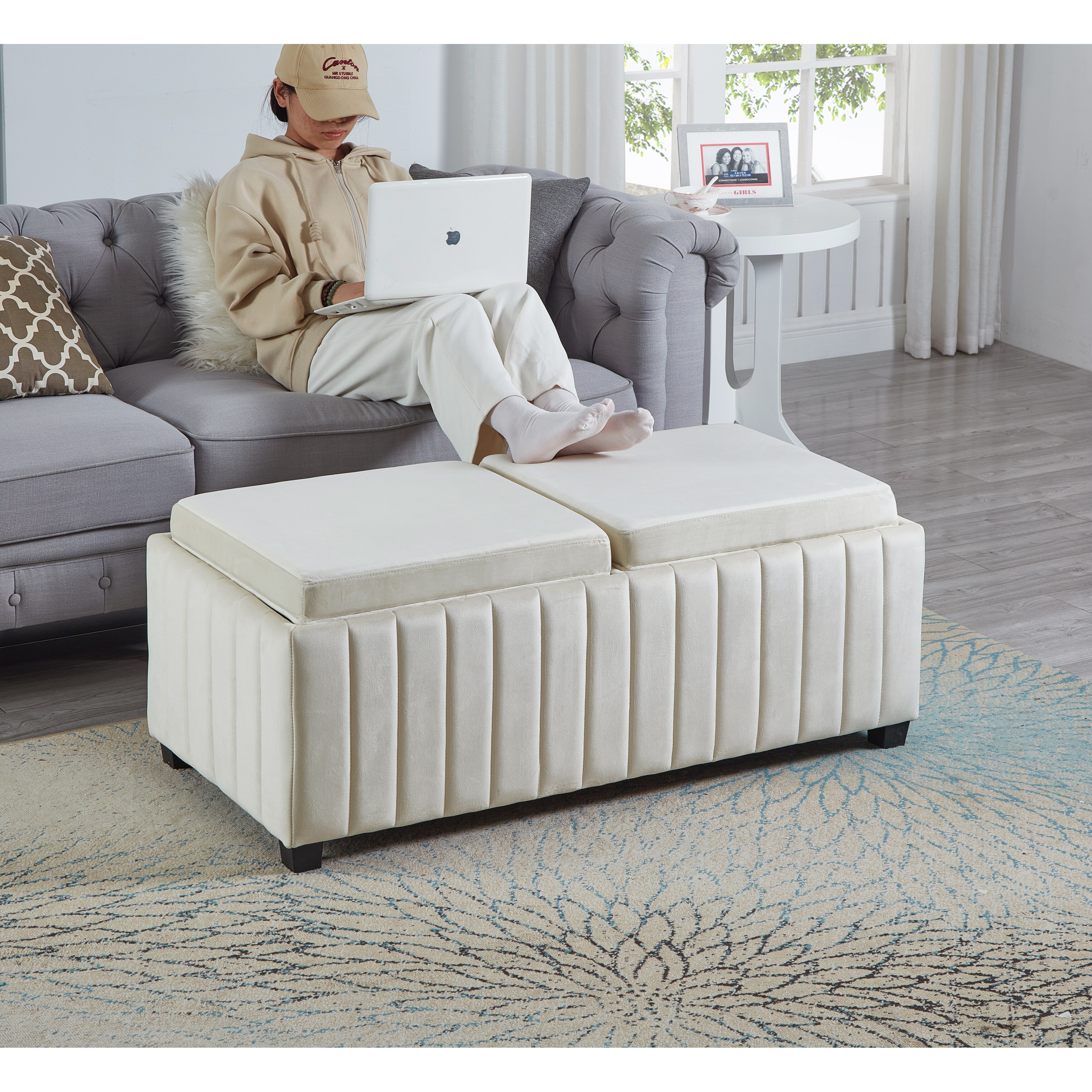 45 Inch Velvet Storage Ottoman Bench with Coffee Tray Large Storage Cube Foot Rest for Bedroom Fabric Bed Bath Beyond 42402788