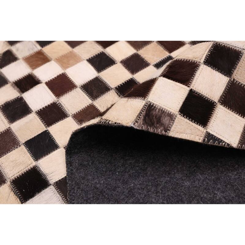 ECARPETGALLERY Handmade Cowhide Patchwork Dark Brown, Ivory Leather Rug - 7' x 7'
