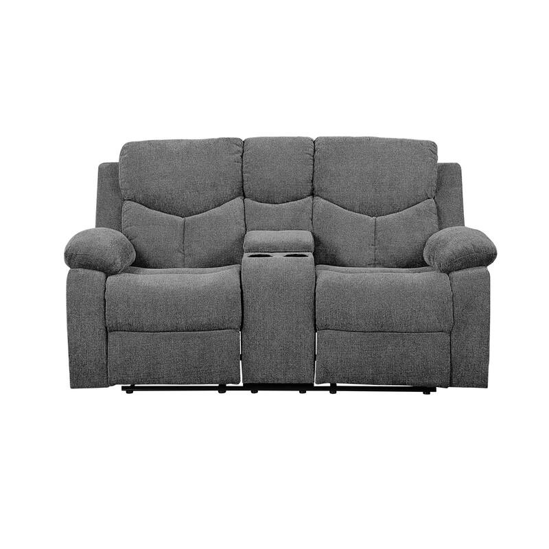 Fabric Upholstered Recliner Loveseat with Console and Cup Holders, Gray