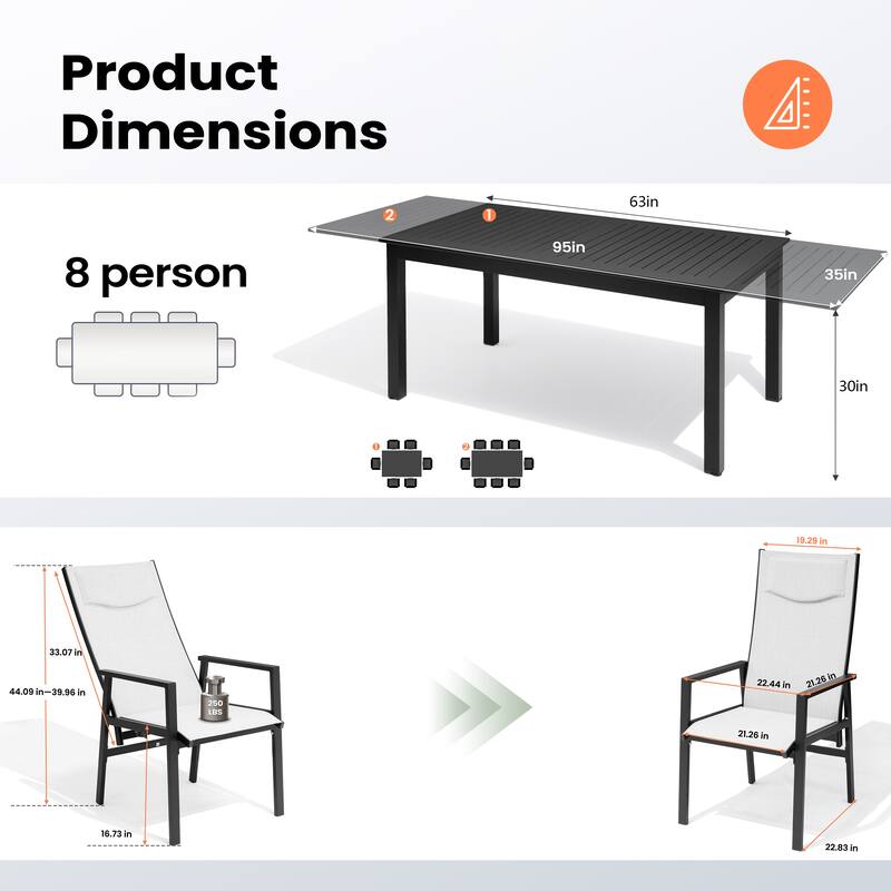 9-PC Outdoor Patio Aluminum Dining Sets Rectangular Table Expandable with Adjustable High Back Dining Chairs