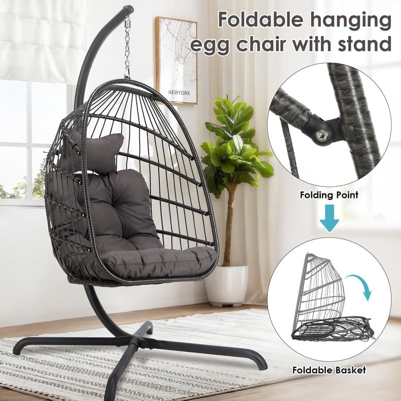 Oversized 1-Person Foldable Hanging Egg Chair - Wicker Swing Chair with Stand, Portable for Indoor Outdoor Patio