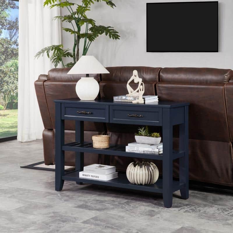 Vintage-Inspired Pine Console Table - Two-Tier Open Shelf Design for Living Spaces‌.