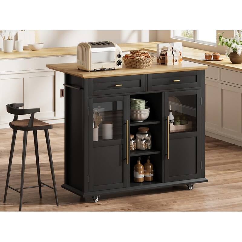 Kitchen Island, Rolling Kitchen Island Cart On Wheels With Widen Drop Leaf Top, 2 Glass Doors, Spice Rack & Towel Holder - Black