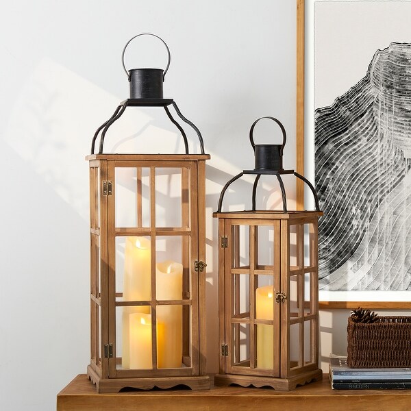 Glitzhome Oversized Farmhouse Wooden Metal Cage Candle Holders Patio Hanging Decorative Lanterns Set of 2 On Sale Bed Bath Beyond 26265375