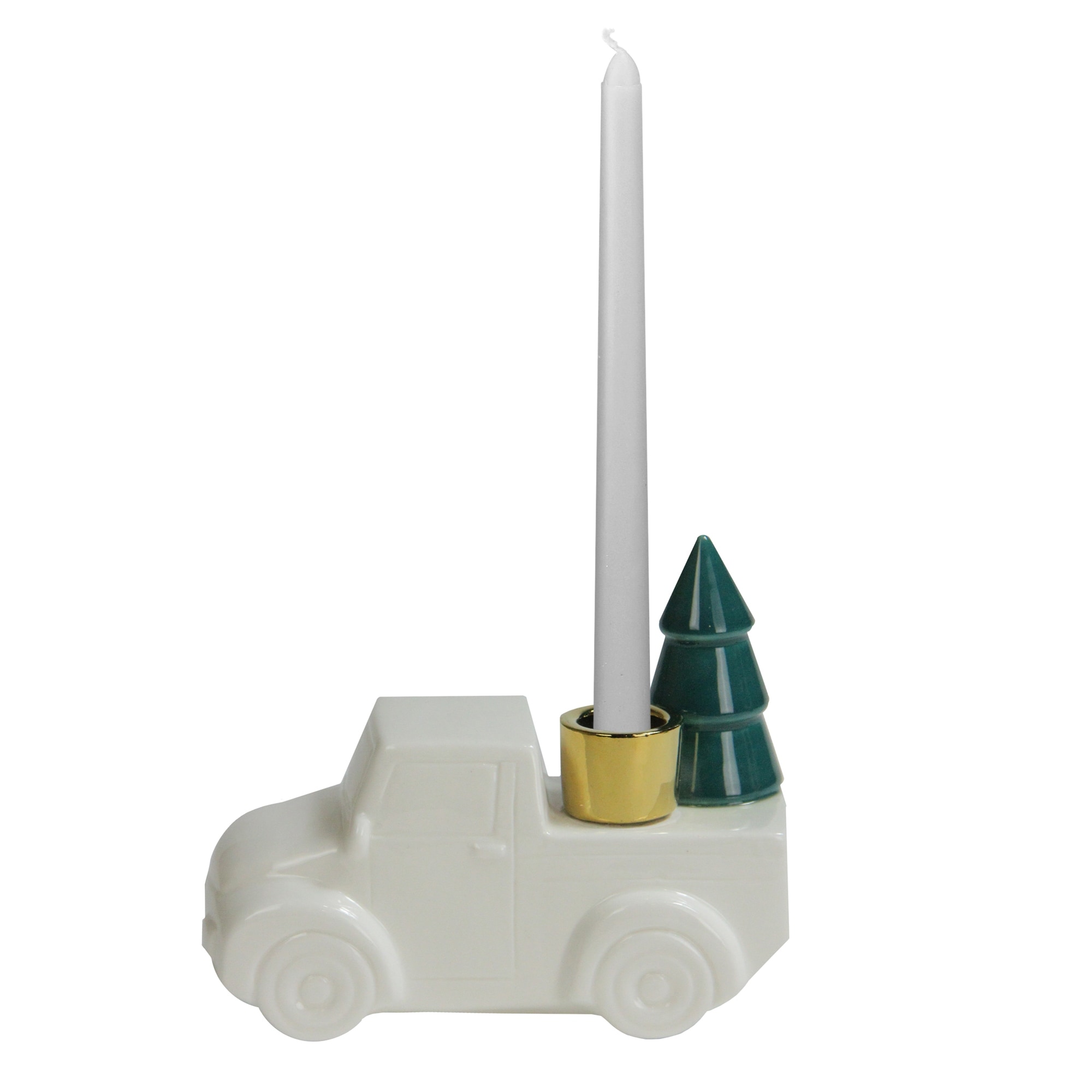 Ceramic Truck with Christmas Tree Taper Candlestick Holder 6" White