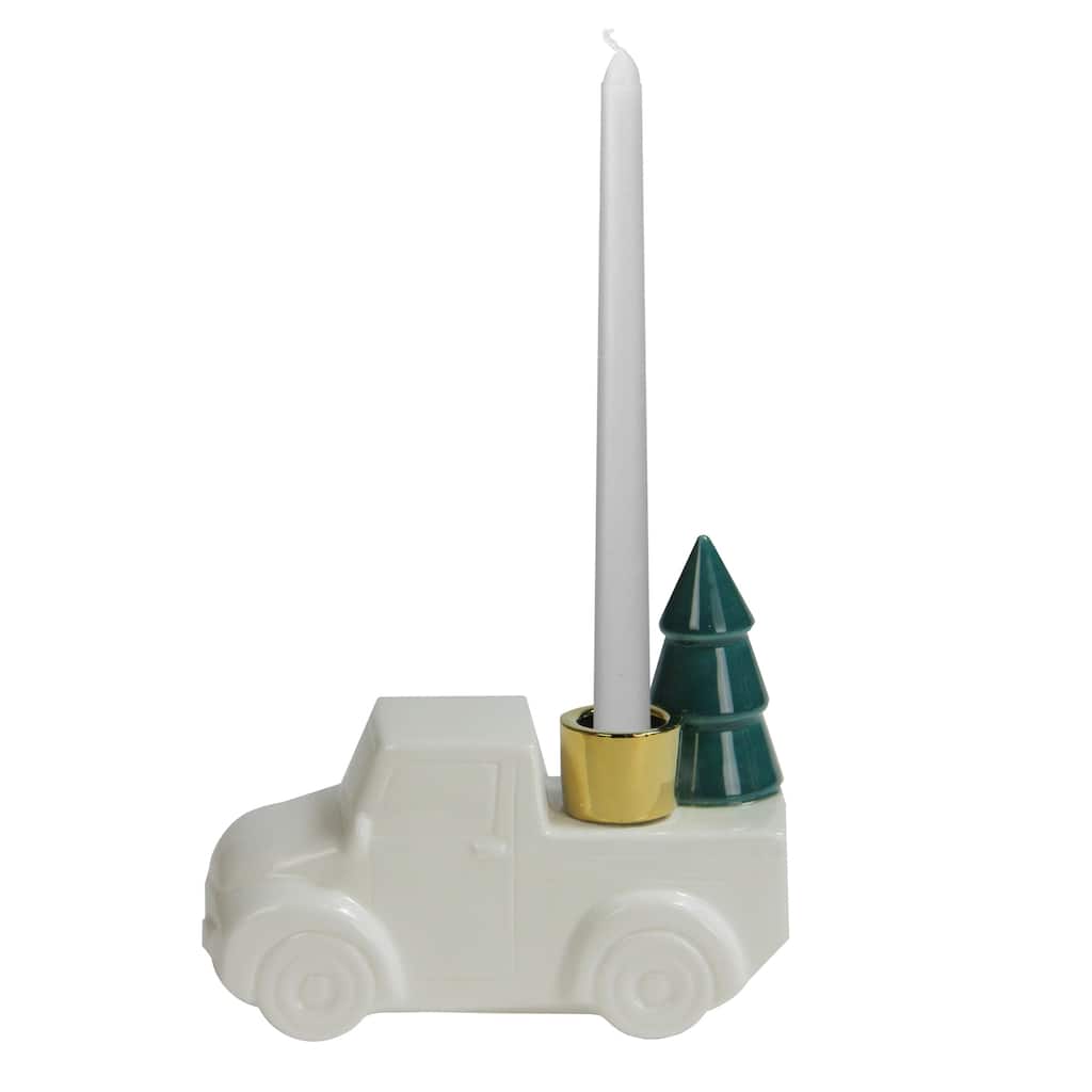 Ceramic Truck with Christmas Tree Taper Candlestick Holder - 6" - White