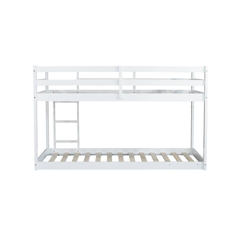 Wooden Twin over Twin Floor Bunk Bed with Ladder ,Upper and Bottom Bed Platforms