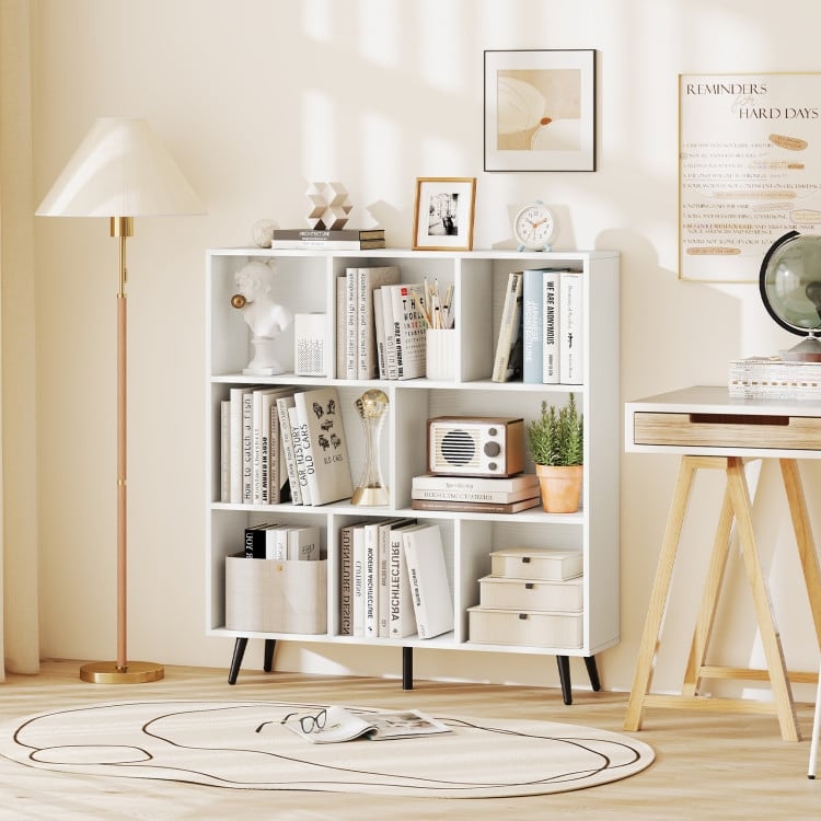 Mid-Century Modern White & Black Cube Bookcase Compartments, Engineered Wood & Metal, Sturdy