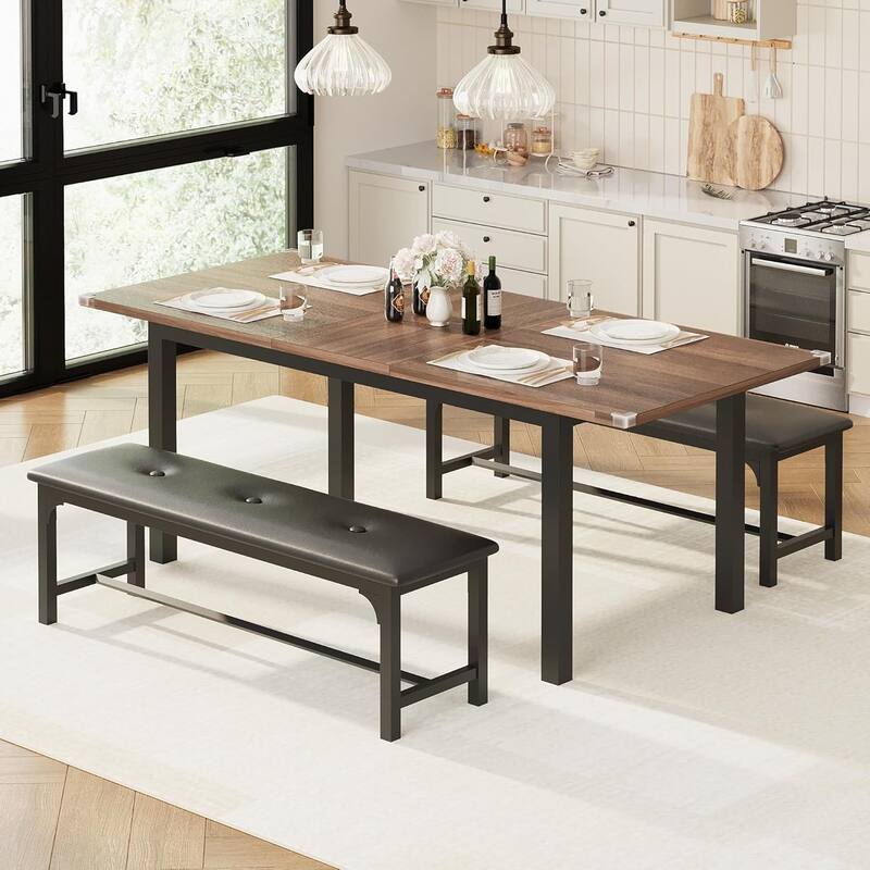 43.7in-63in Extendable Dining Table Set with 2 Benches and 2 Stools