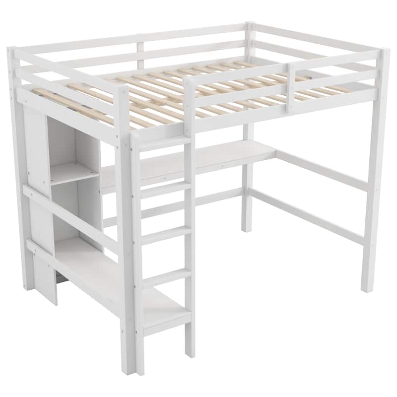 Full Size Loft Bed with Multifunction Shelves and Under-Bed Desk, Modern & Rustic Wooden Loft Bed Frame with High Guardrails